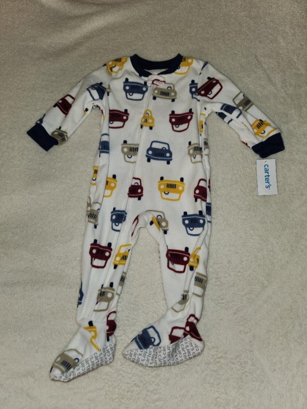 Carter's Fleece Footed Sleeper 12M Cars Trucks Zip Pajamas NWT Baby Boy White